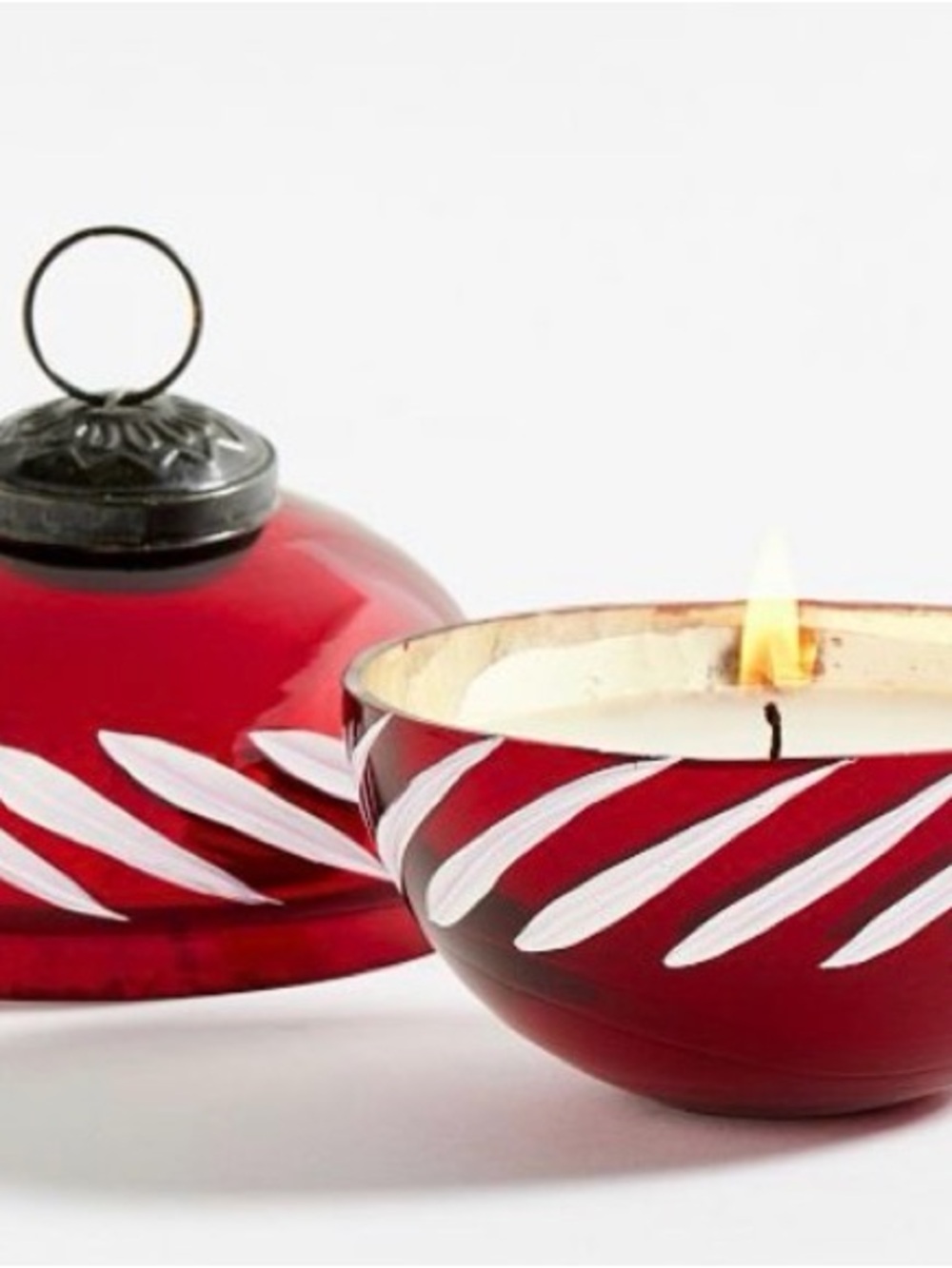 Pottery Barn Red and White Glass Ornament Candle Pot